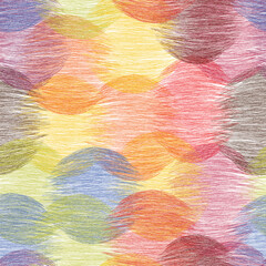 Rainbow seamless stain  pattern with rows of grunge striped intersecting colorful round elements on white backdround