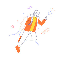 Cheerful businesswoman flying off with jet pack vector flat illustration. Female office worker flying up by rocket and take off the ground. Business concept career boost, start up and growth
