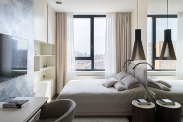 bedroom, interior of a bedroom, bedroom in a modern house