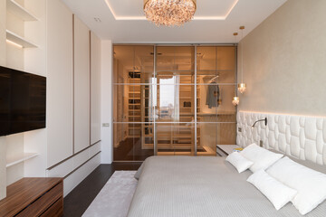 bedroom with wardrobe in beige tones, bedroom, interior of a bedroom, bedroom in a modern house