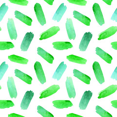 Watercolor bright green brush strokes seamless pattern. Color swatches on white background repeat print. 