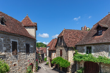 Fototapeta na wymiar Narrow ancient street of medieval Carennac village, masonry houses with tiled roofs decorated with ivy and flowering house plants. Lot, Quercy, France