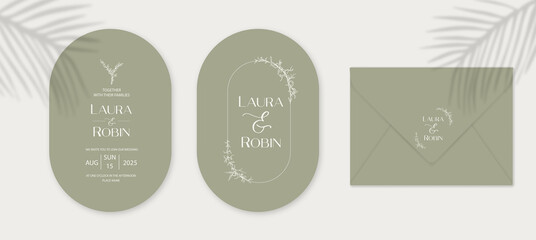Fototapeta na wymiar Vintage wedding invitation card set template with leaves and twigs. Oval and arch elegant shape. Wedding name envelope