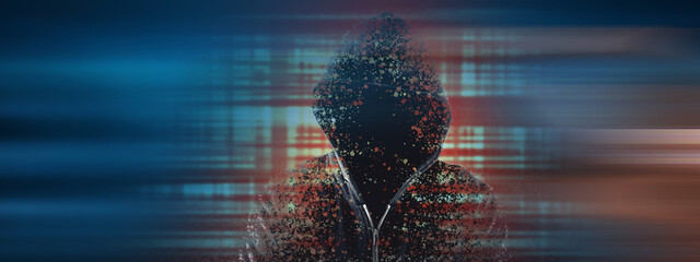 Fototapeta hacker in the hood on a blue background obraz
