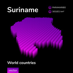 Suriname 3D map. Stylized neon simple digital isometric striped vector Map of Suriname is in violet colors on black background. Educational banner