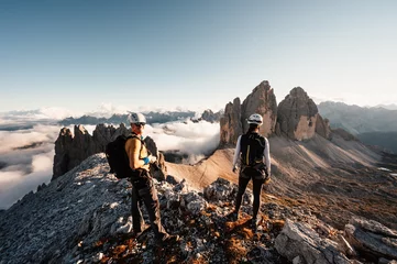 Photo sur Plexiglas Dolomites Dolomites, Three Peaks of Lavaredo. Italian Dolomites with famous Three Peaks of Lavaredo, Tre Cime , South Tyrol, Italy,..People climbing on a via ferrata route paternkofel.