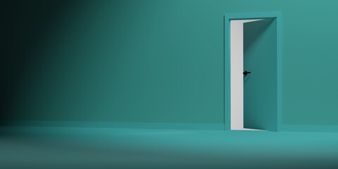 3D digital render of a plain passageway with a plain stucco wall and a door opening into a white space with light