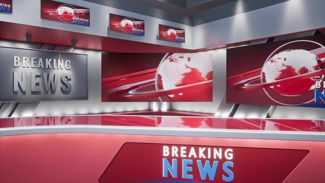 3D rendering Virtual TV Studio News, Backdrop For TV Shows. TV On Wall.