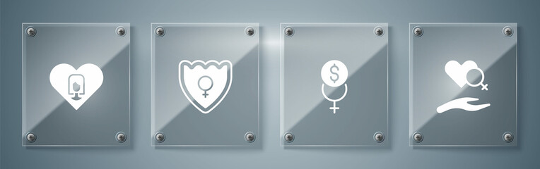 Set Heart with female gender, Feminism finance, Gender shield, Female and . Square glass panels. Vector