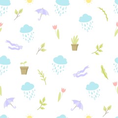 Spring seamless pattern with cloud, drops, potted plants, sun, branches with leaves, bow, umbrella, tulip. Flat stile pattern for textile, wallpaper, wrapping, packaging paper. Vector illustration.