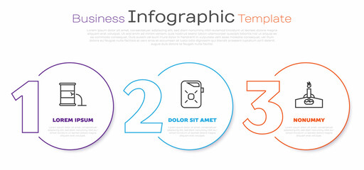 Set line Barrel oil leak, Canister for motor oil and Oil rig with fire. Business infographic template. Vector