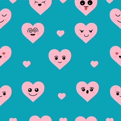 Kawaii hearts, set of cute emoji icons, stickers. Hand drawn emotional cartoon characters. Cute love characters with different faces, funny positive emotions. Blue background.