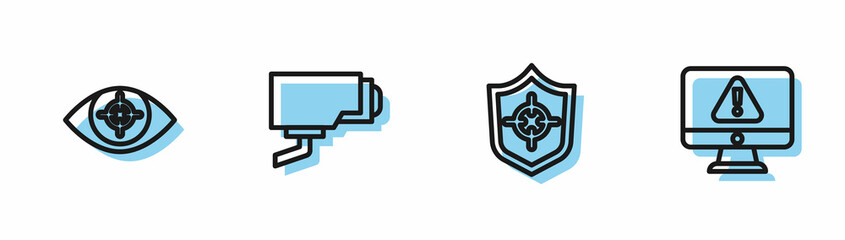 Set line Shield, Eye scan, Security camera and Monitor with exclamation mark icon. Vector