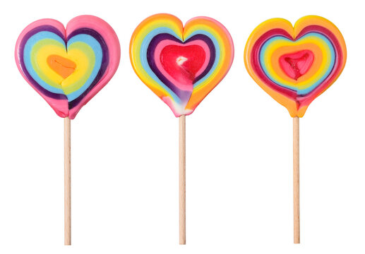 Heart shaped lollipop candy set on wooden stick isolated on white background