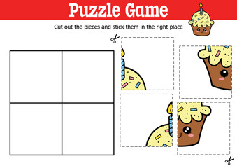 Vector educational kids puzzle game to cut and stick pieces with cartoon cupcake character