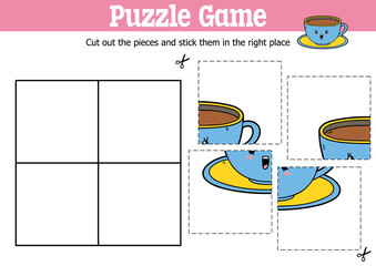 Vector educational kids puzzle game to cut and stick pieces with cartoon cup character