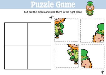 Vector educational kids puzzle game to cut and stick pieces with cartoon Leprechaun character