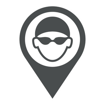 recommend clip art: Logotipo piscina. Icono plano silueta de cabeza de nadador con sombrero de natación y gafas protectoras en puntero de posición color gris