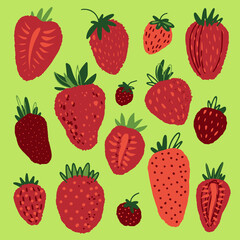 Huge vector collection of fresh and sweet stylized garden strawberries. Cute hand drawn summer set