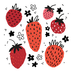 Modern collection of fresh and sweet garden strawberries isolated on white background. Summer berry abstract vector set.