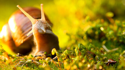 A snail creeps on moss.