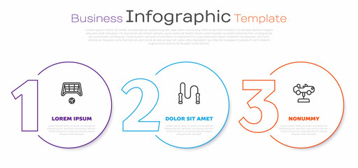 Set line Soccer goal with ball, Jump rope and Swing car. Business infographic template. Vector