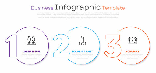 Set line Forest, Rocket ship and Jumping trampoline. Business infographic template. Vector