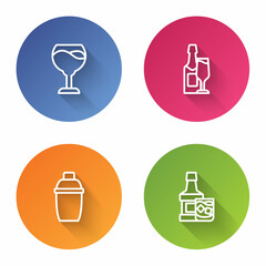 Set line Wine glass, Champagne bottle and, Cocktail shaker and Whiskey. Color circle button. Vector