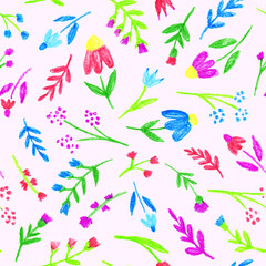 Seamless pattern multicolored flowers pencil texture chaotic composition