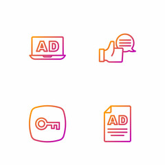 Set line Advertising, Key, and Customer product rating. Gradient color icons. Vector