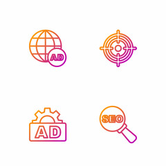 Set line SEO optimization, Advertising, and Target. Gradient color icons. Vector