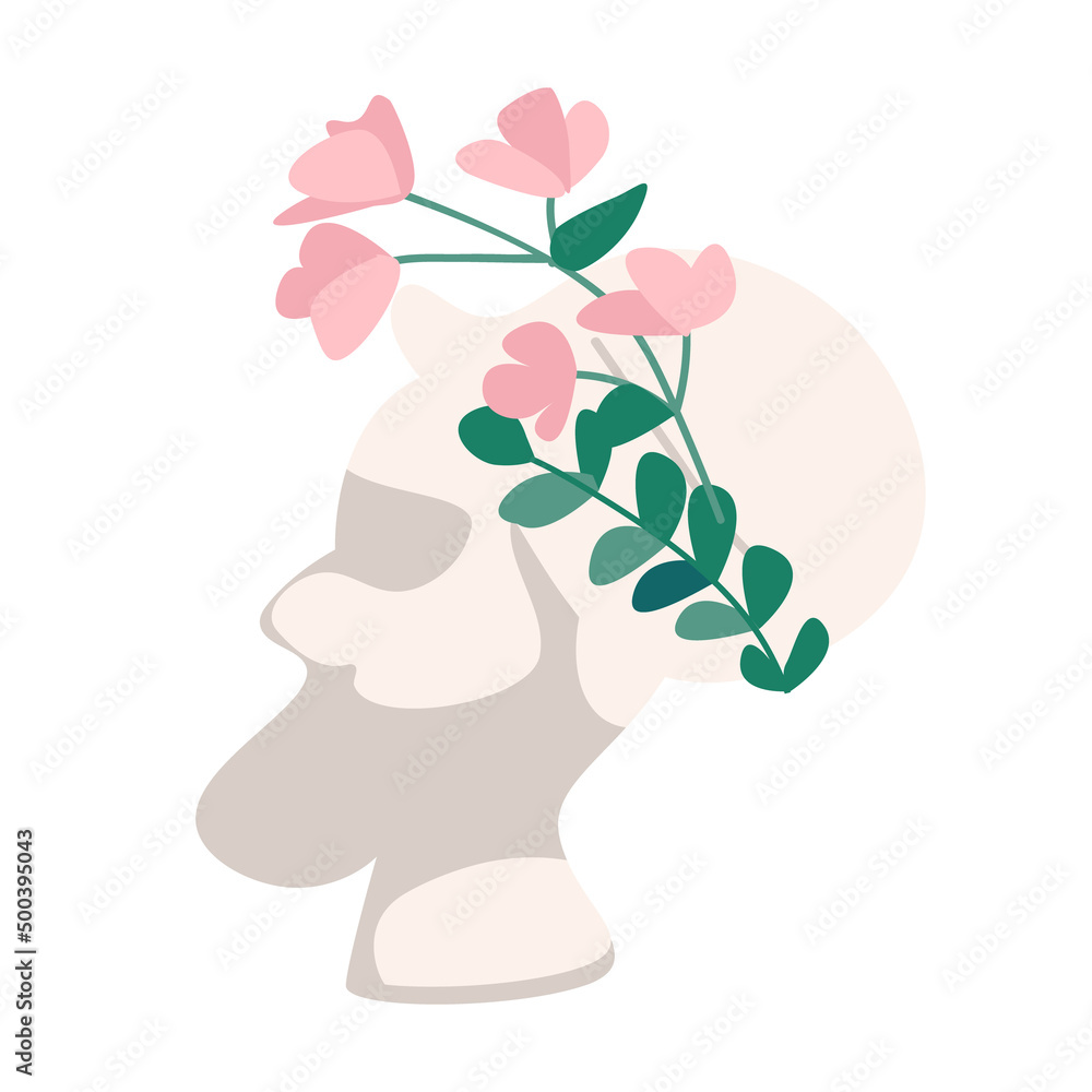 Poster modeling human head with flower wreath semi flat color vector object. sculpture classes. workshop. f
