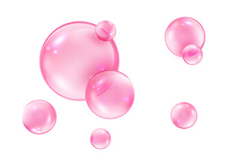 Pink bubbles on white background. Collagen bubbles. Fizzy sparkles. Bubble gum - obrazy, fototapety, plakaty