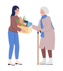 Old woman expressing thankfulness to volunteer semi flat color vector characters. Standing figures. Full body people on white. Simple cartoon style illustration for web graphic design and animation