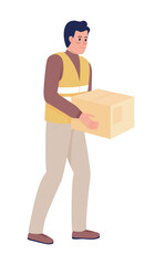 Male volunteer with parcel semi flat color vector character. Delivering humanitarian aid. Full body person on white. Simple cartoon style illustration for web graphic design and animation