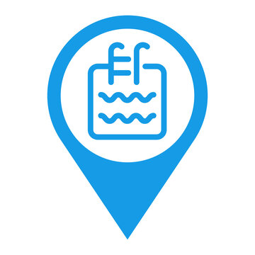 recommend clip art: Logo Swimming Pool. Icono plano con silueta de piscina de forma de cuadrado con olas con líneas en puntero de posición color azul