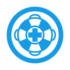 Logotipo salvamento. Icono plano silueta de anillo salvavidas con cruz en círculo color azul