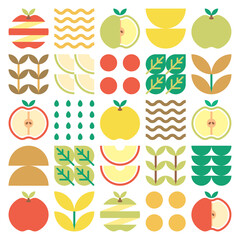 Apple icon abstract artwork. Design illustration of colorful apple pattern, leaves, and geometric symbols in minimalist style. Whole fruit, cut and split. Simple flat vector on a white background.