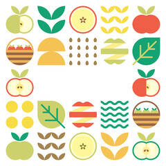 Apple frame abstract artwork. Design illustration of colorful apple pattern, leaves, and geometric symbols in minimalist style. Whole fruit, cut and split. Simple flat vector on a white background.