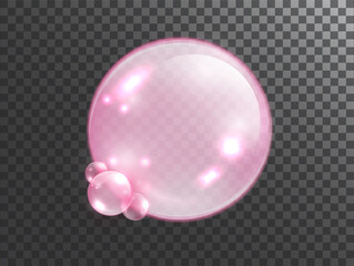 Pink collagen bubble isolated on transparent background. Vector realistic shine sphere or soap bubble. 3D illustration. - obrazy, fototapety, plakaty