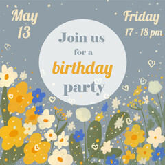 Birthday party invitation card with hand drawn abstract flowers. Spring background, floral template