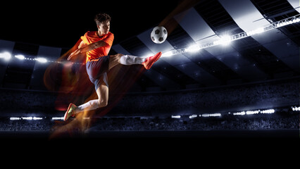 Fototapeta na wymiar Collage with young football or soccer player in action on stadium with flashlights, kicking ball for winning goal. Concept of sport, competition, motion, overcoming.