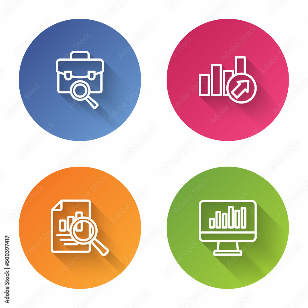 Poster set line work search, financial growth, document with graph chart and monitor. color circle button. 