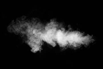 Swirling, wriggling smoke, steam, isolated on a black background for overlaying on your photos. Fragment of horizontal steam