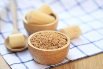 brown sugar powder from fresh organic sugar cane for being cooking ingredients for healthy eating. selective focus.