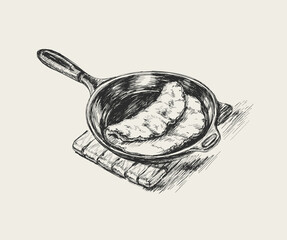 Omelet in Frying Pan. Cooking Hand Drawn Vector Illustration. Kitchen Sketch. Breakfast