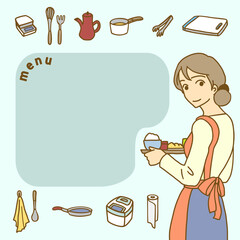 女性とキッチングッズのメニュー