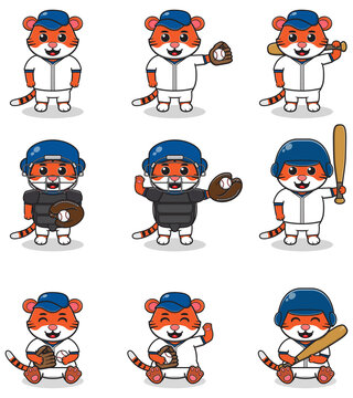Vector Illustration of Cute Tiger with Baseball costume. Set of cute Tiger characters.