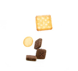 cookies falling over white background, flying biscuits