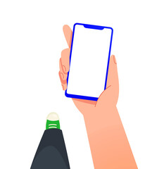 Hand holding a smartphone, touching the blank white screen. Mockup for your text, app. Vector illustration. Phone mockup. Editable smartphone template. 
